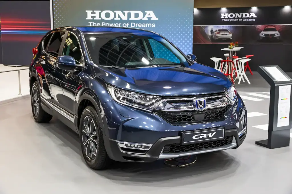A New Blue Honda CR-V Hybrid Compact SUV Car